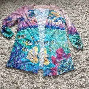 Leoma Lovegrove Womens Open Cardigan 3/4 Sleeve Colorful Tropical Ocean Medium